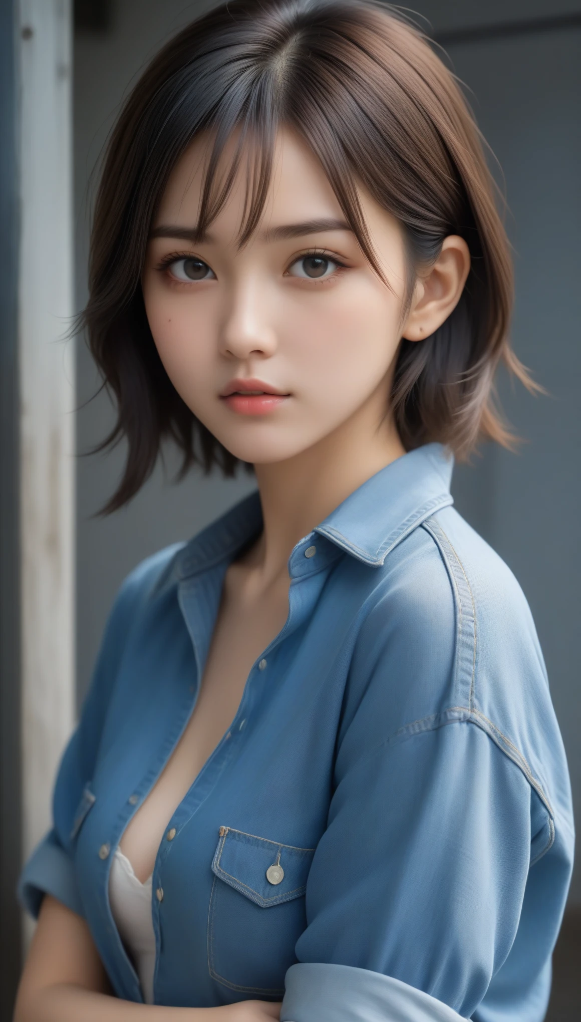 8k, Ultra-high resolution, Highest quality, masterpiece, 三分割法によるphotograph,Surreal, photograph, 1 , (:1.3), cute, cute顔, 細部までBeautiful Eyes, 細かくdetailedに,masterpiece,One Girl:1.2,Japanese women,student,cowboy shot,glaring,Black short hair,messy hair,from side,(Denim shirt:1.3),Leaning against the wire mesh,Glare,Blue Collar,Factory wall,Bleach Bypass,(Beautiful attention to detail),Subtle details, detailedな顔,anger,Attractive eyes,(ポートレートphotograph:1.4),(Photorealistic images:1.4),Fantasy art,(Beautiful Face:1.4),美しくAttractive eyes、Beautiful Eyes,(Tight waist:1.4)、(Beautiful with perfect body proportions:1.4),Pink Lips,profile,(((Ideal body type))),A-cup small breasts :2,、Portraiture:2、Perfect Anatomy、鮮明なdetailed、detailed,Fashion magazine cover,Thin lips,完璧でBeautiful Face ,完璧でcute顔, Skin with attention to detail, Perfect limbs、Narrow waist,Surreal,Light and shadow,backlighting