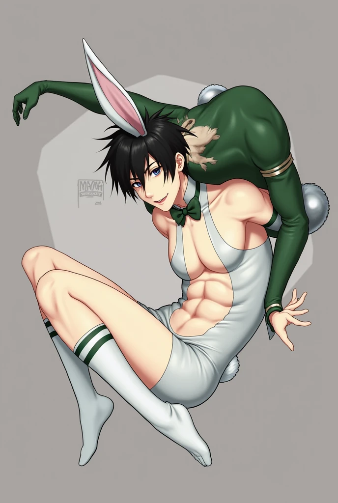 anime sexy man, Wearing a sexy bunny bodysuit costume with a bow tie And big thighs inside Socks
