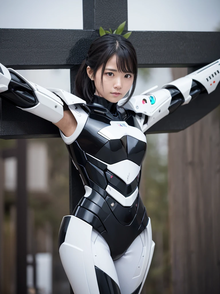 Highest quality,masterpiece,Ultra-high resolution, Very detailed, 8k,(Beautiful woman),Beautiful 2 Japanese woman:1.5,Black Hair、((Crucifixion)),torture,slave,((クロスにCrucifixionにされた女性:1.5)),Crucifixion刑, Type X, (black and white robot suit, Plump, Slightly thicker)