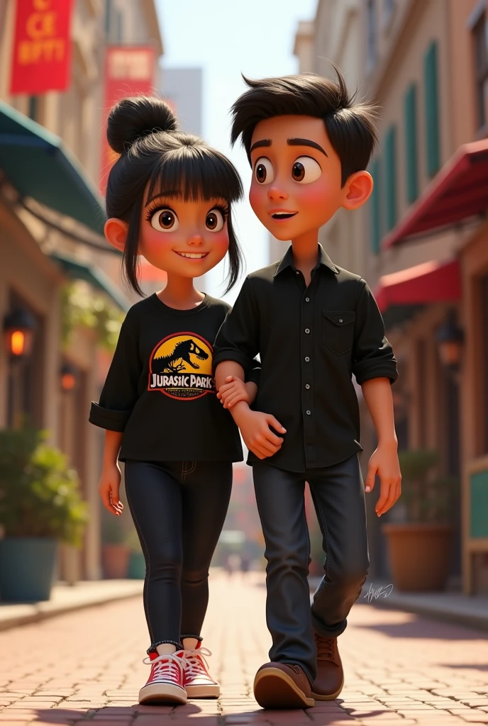 A couple arm in arm. 
She is smiling, has a robust build, wide legs, small ears, and a light complexion., wide nose big brown eyes hair in a bun and straight curtain bangs, you wore a black Jurassic Park blouse, black jeans and red converse. He is of slim build, tez morena, wide nose small eyes short dark straight hair small ears wears a formal black button down shirt and black dress pants with brown shoes, protagonists of a Disney Pixar movie digital art. Walking down a street 