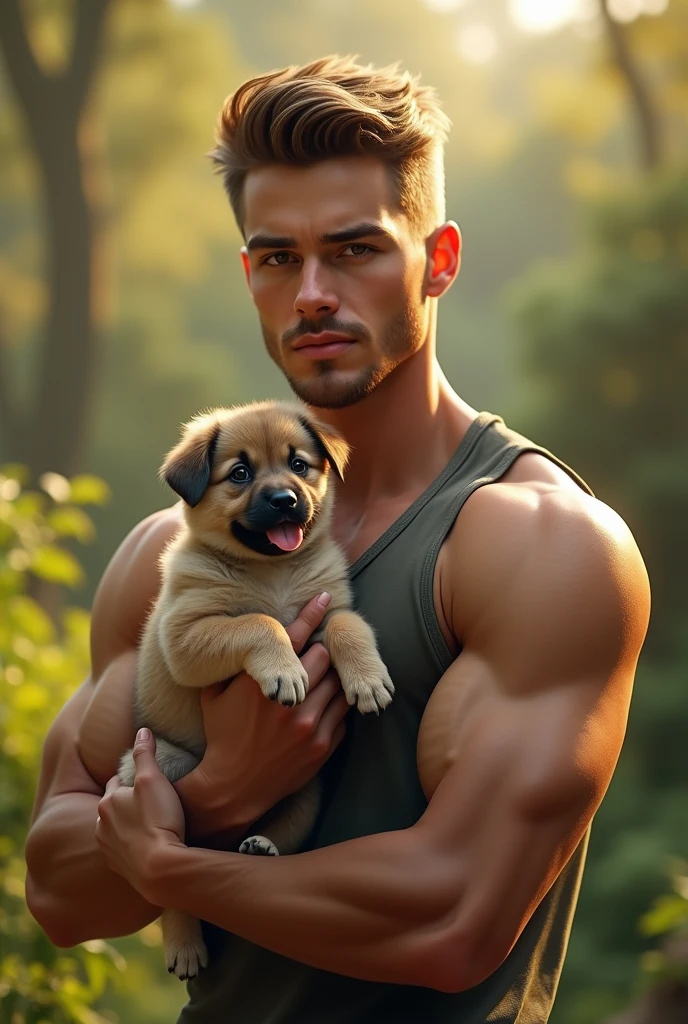 a muscular athletic young man,camiseta de tirantes holding a small puppy, 8k highly detailed photorealistic, beautiful detailed eyes, beautiful detailed face, extremely detailed features, realistic lighting, cinematic, warm color tones, natural outdoor lighting
