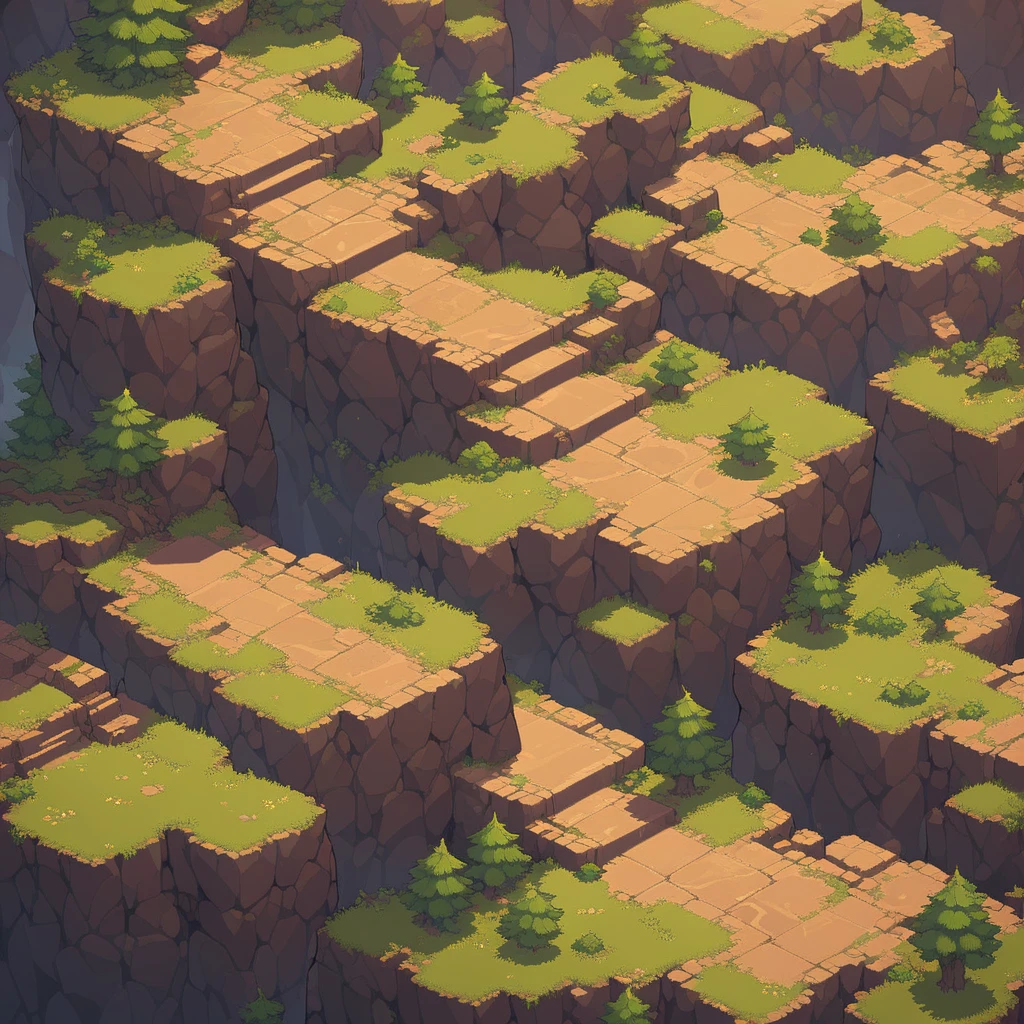 Retro video game style, pixelated, vibrant colors, 8-bit characters, blocky shapes, sharp lines, detailed shading, classic gaming vibe, nostalgic atmosphere, classic arcade games. Masterpiece:1.2, ultra-detailed, illustration style. 2D texture, stone texture, 4K seamless mud texture, video game texture, dirt texture. Game tiles, grass, 3/4th perspective trees, 3/4th perspective tileable rock texture, 3/4th perspective tileable cliff formations, tileable trees, top-down view, tileable texture. Very detailed cliff texture, intricate stones.
Mountain Terrain: Diverse mountain shapes and elevations, including peaks, ridges, and valleys.
Texture Detail: High resolution with intricate details like rocky surfaces, tileabld crags, and natural erosion patterns.
Seamless Pattern: Ensure that the edges of the tile seamlessly align with adjacent tiles to create a continuous and coherent mountain range when repeated