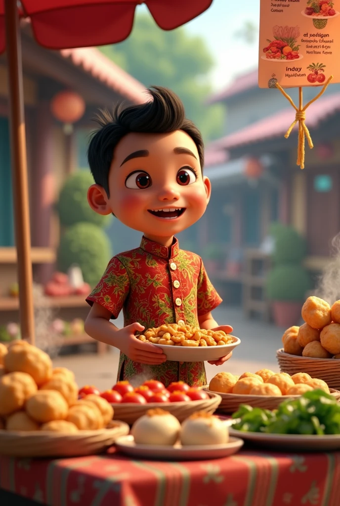 3D animation of a boy selling dumpling, fried tofu, cabbage, bitter melon and meatballs who is handsome and cheerful, who wears traditional Javanese clothes in Indonesia and has attractive trade pamphlets,and illustrate the diversity of Indonesia,The boy was carrying a sign that said BAKUL SIOMAY