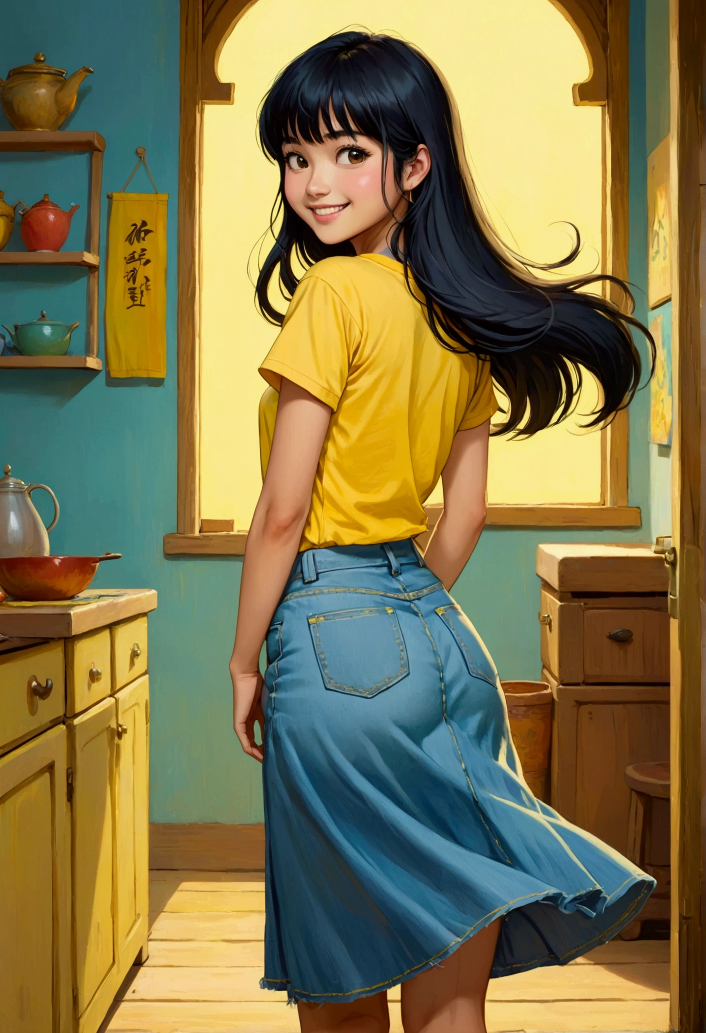 A beautiful young girl in Sarah Kay style, a beautiful Asian girl with long, straight, black hair with bangs who is dressed in a long, ankle-length light blue jean skirt and is wearing a yellow short-sleeved T-shirt, she is posing with her back turned and smiling playfully.