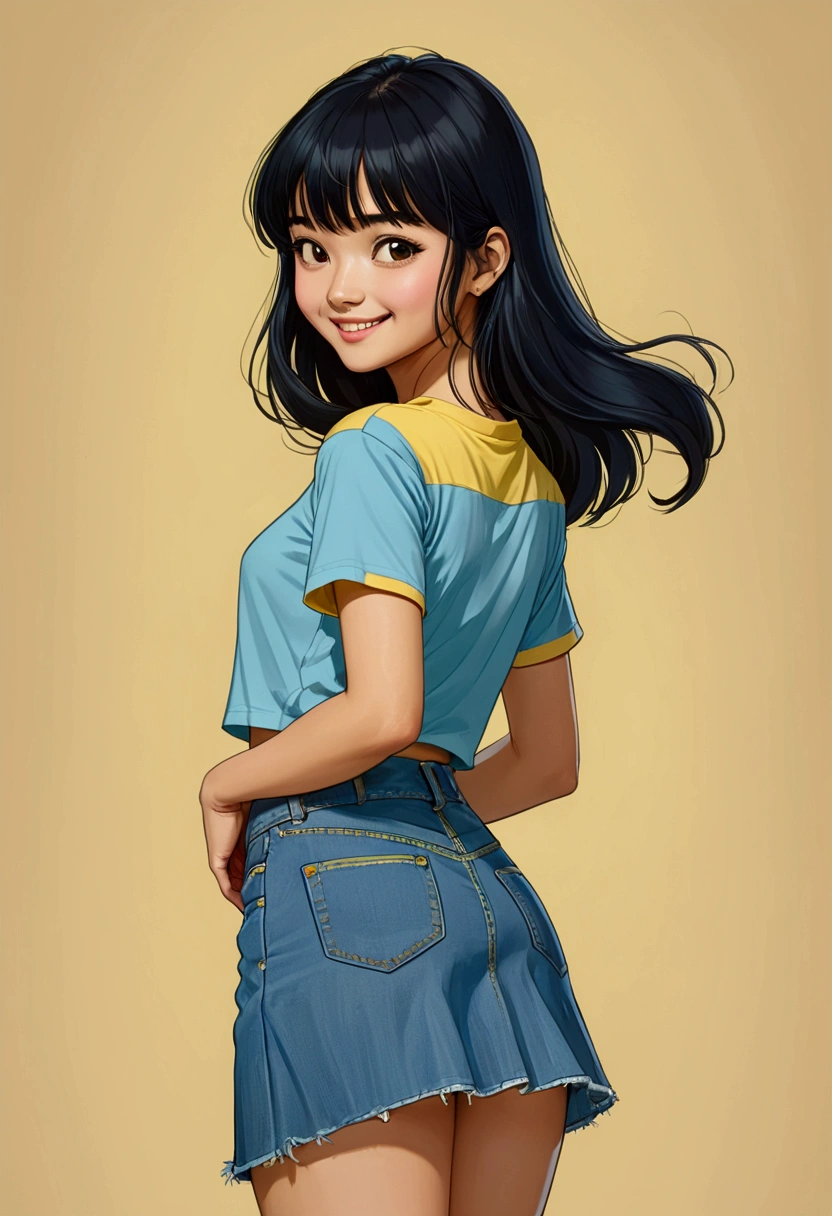 A beautiful young girl in Sarah Kay style, a beautiful Asian girl with long, straight, black hair with bangs who is dressed in a long, ankle-length light blue jean skirt and is wearing a yellow short-sleeved T-shirt, she is posing with her back turned and smiling playfully.