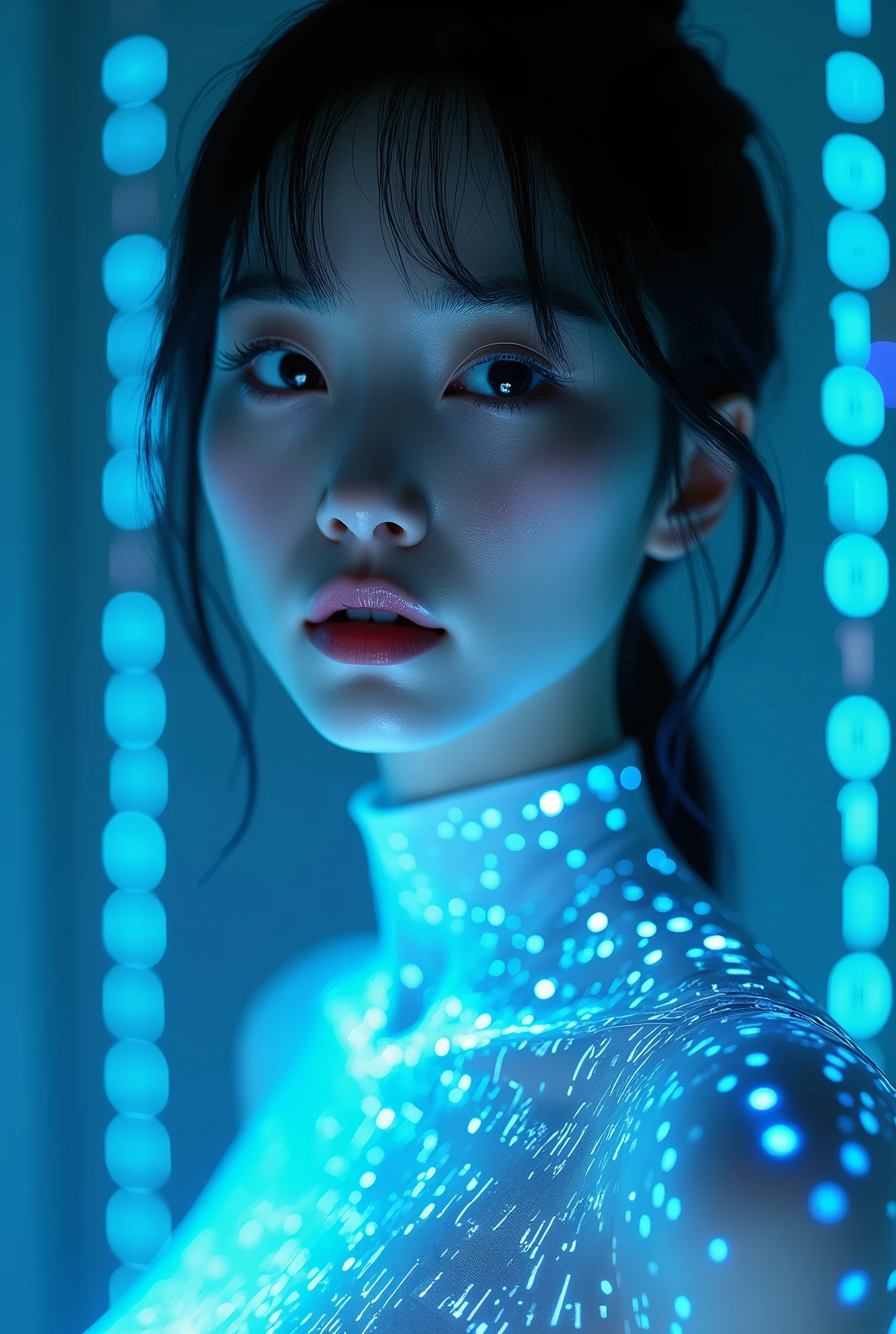 Browsing Caution:-2, Realistic, Photorealistic, Highly realistic photos, Double exposure of face parts:1.37, The double exposure part of the image is horizontal typography of program code:1.37, Bust up shot, Close your lips, Portrait of a Japan woman:1.21, Blue program code projected onto the skin, BASIC, COBOL, Fortran, Blue system blueprint projected onto the skin, Holographic effect, Digital code projected onto the skin, Code typography reflected on skin, Elegant appearance, Brown Hair, Low ponytail hair, Cyberpunk Woman, Cute Japanese woman'顔:1.21, Beautiful Japanese woman face:1.21, Sharp eyebrows:1.37, Detailed face, pale肌:1.21, Fine skin, Glowing Skin:1.21, 首から下は半導体基板を主andした機械的ボディ, Cyberpunk computer room, A small blue flame rises from the left side of my chest., Rays of light run through her body:1.37, pale"1"and"0"Orbs of the letter fly around her body.:1.37, Ray Tracing, Emotional, Dynamic and cinematic lighting, Browsing Caution:-2