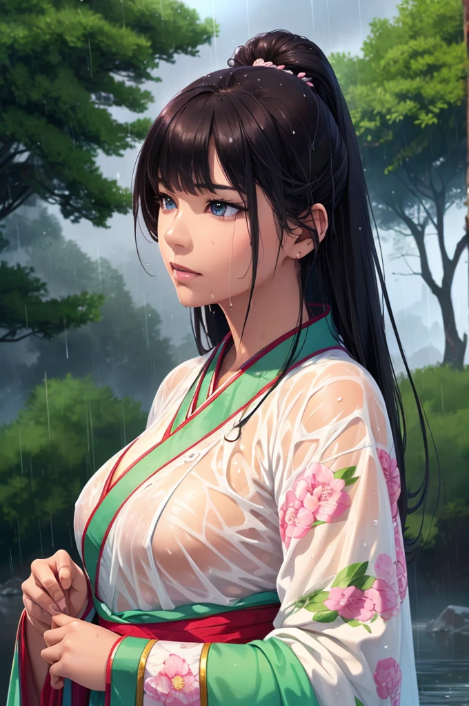 Heavy rain background、Field、in the forest、Walking in the river、On the run、In the fog、war (Highest quality,4K,8k,High resolution,masterpiece:1.2), Very detailed, (Realistic,Realistic,Realistic:1.37), High resolution, Hyper HD, Studio Lighting, Ultra-fine painting, Sharp focus, Physically Based Rendering, Very detailed説明, Professional, Vibrant colors, Bokeh, Sports Late Night, Ancient War Landscapes, Traditional Chinese Painting Techniques, Atmospheric lighting, Vivid color contrast, Ethereal atmosphere,Very detailed目と顔, Beautiful attention to detail, Light on the face,豪華なHanfu (Hanfu: 1.1),My whole body is wet、My clothes are wet and transparent、Nipples are visible、The nipples are pale pink、Dynamic pose、Rain clouds spreading across the sky、Heavy rain weather、Pouring rain、Wind and rain storm、((Soaked skin from head to toe))、((Rain-soaked clothes(Rain dripping from clothes))、((The lines of your body are clearly visible through your wet clothes...))、、Eye color is green、Tired look、Disheveled clothing、Slim figure、Small breasts