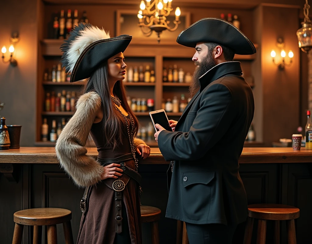 full body shot, two people one , Beautiful young woman dressed in bearskin and feather headdress, and a man in a sophisticated suit, elegant suit, They are in an old bar with rustic wooden chairs and tables., Chandeliers, one of them has an ipad, There are wooden beer barrels. A female pirate is a bartender, Pirate jewelry and clothing.