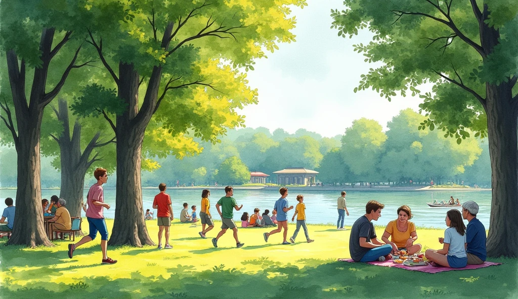 Watercolor art of people walking and doing physical activities in a well-wooded park, other people sitting talking, others gathered having a picnic on the grass in the background a lake with a garden