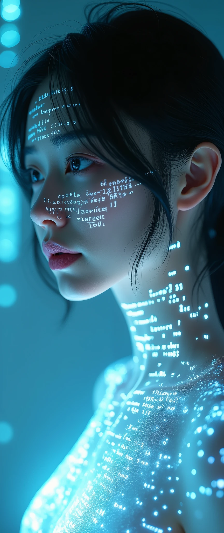 Browsing Caution:-2, Upper Body Shot, Icy Portrait, Tears flow from the eyes, Photorealistic, Highly realistic photos, This is a double exposure photo.:1.37, The double part of the image is program code typography:1.37, Close your lips, The pale light reflected in your eyes, Portrait of a Japan woman:1.21, Blue program code projected onto face, BASIC, COBOL, Fortran, Blue system blueprint projected onto the skin, Holographic effect, Digital code projected onto the skin, Code typography reflected on skin, ((The body from the neck down is mainly a semiconductor substrate:1.21)), Elegant appearance, Brown Hair, Low ponytail hair, Cyberpunk Woman, Cute Japanese woman'顔:1.21, Beautiful Japanese woman face:1.21, Sharp eyebrows:1.37, Detailed face, Pale skin:1.21, Fine skin, Glowing Skin:1.21, Cyberpunk computer room, A small blue flame rises from the left side of my chest.:1.21, Rays of light run through her body:1.37, Translucent rings of light dance across the screen.:1.37, Ray Tracing, Physically Based Rendering, Cold tones, Dynamic and cinematic lighting, Browsing Caution:-2