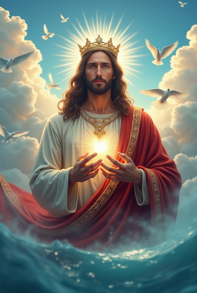 (photorealism:1.2), handsome Jesus Christ, the feet in the blue water of the sea is floating with many dove and so many clouds all over, wearing the red color of King elegant clothes with many diamonds and crown sparkling with light, the head and heart lighting all over, focus on face looking at the camera, nice hair, outdoors, bright lighting, so many clouds and blue sea water in the background, so many clouds and dove all over, cozy blue sea, relaxed pose, realistic, intricate details, bright colors,