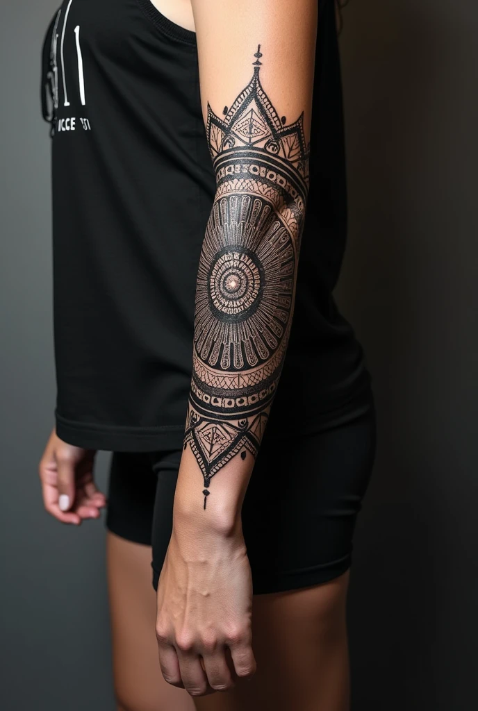 Tattoo on the entire forearm in blackwork style with a dark mandala along with some lines that let the skin show through