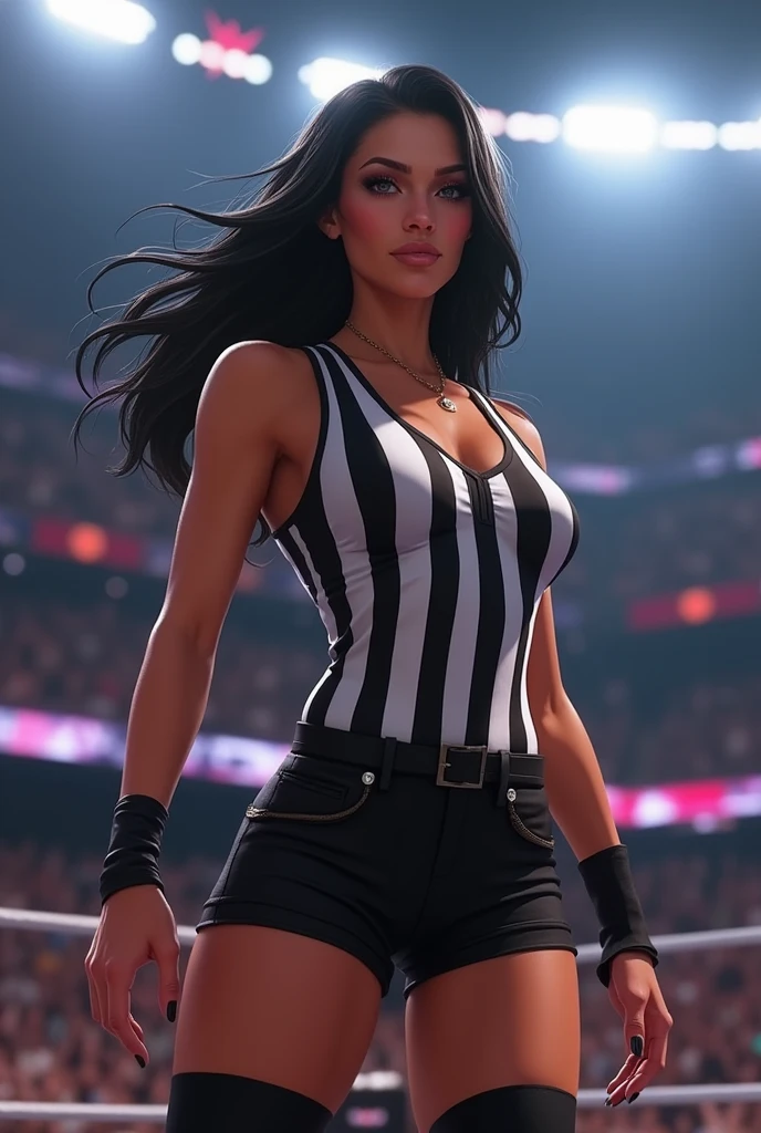 Create the image of a beautiful female WWE referee.