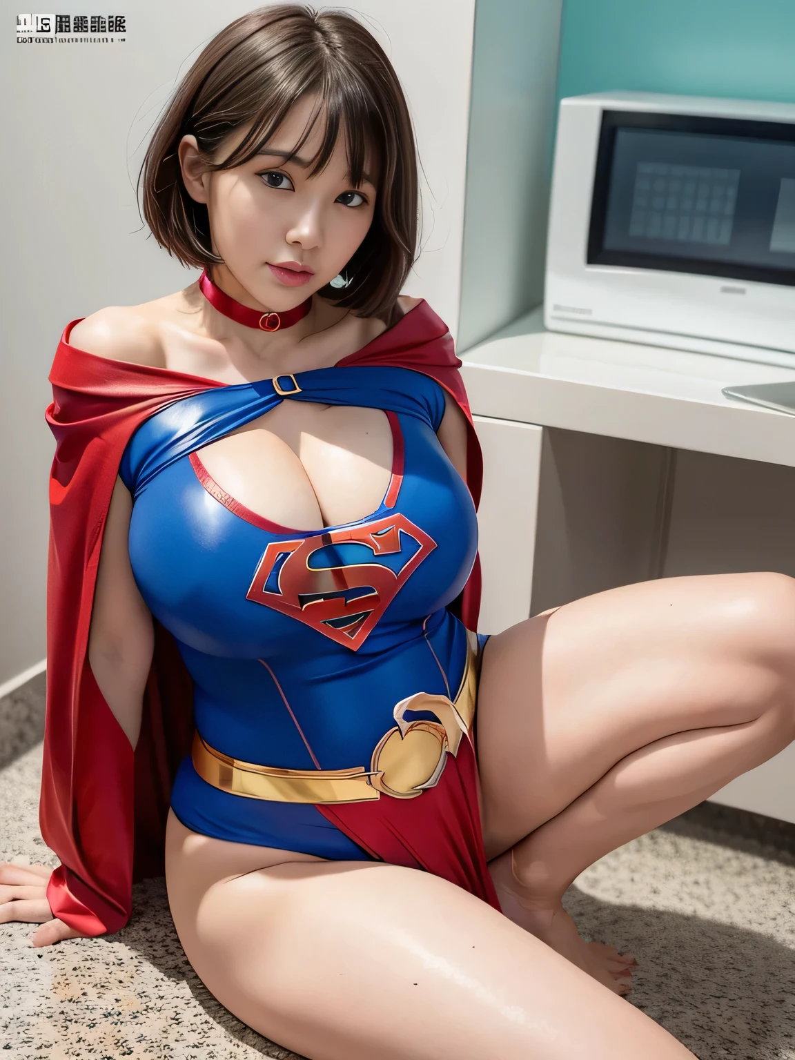 masterpiece、Rubber Supergirl Costume、short hair、barefoot、Big and ample breasts、looking at the camera、choker、Long sleeve、Cape、mini skirt、Off the shoulder、Sweaty skin、In front of the laboratory equipment、Photo magazine cover、Glamorous cleavage、Boasting beautiful legs、High leg leotard、Glamorous bare legs、Nymphomaniac young wife in her 30s、Close-up shot from the front、