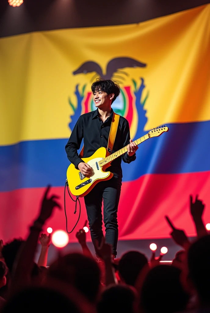 Suga on stage with a yellow guitar and in the background with the flag of Ecuador and the public with the armybomb 