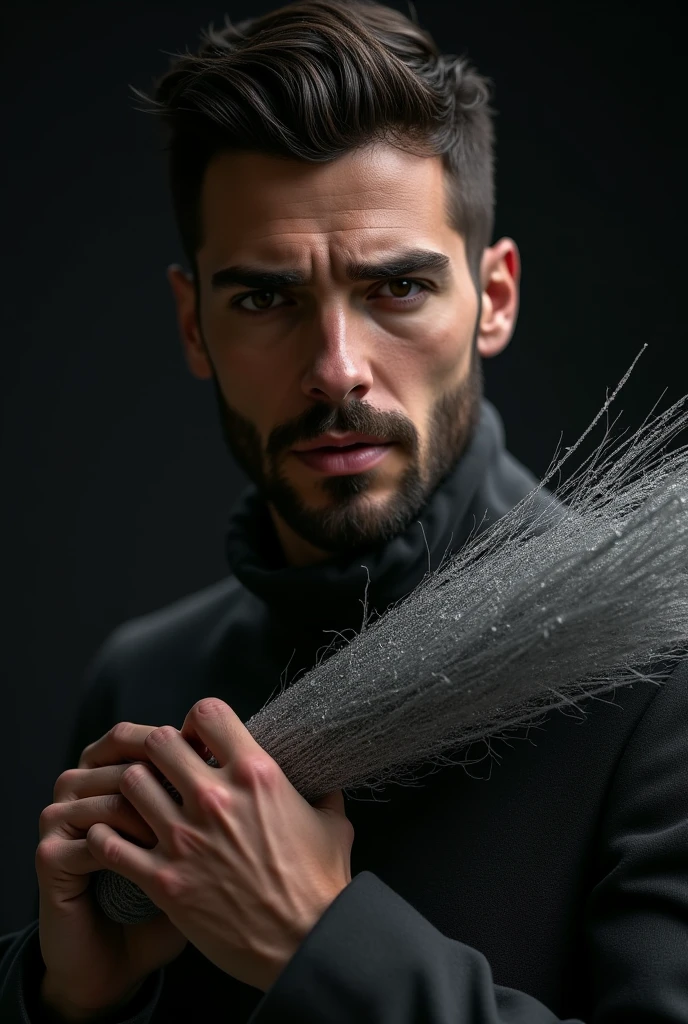 A guy with a totally perfect face holding a steel wool