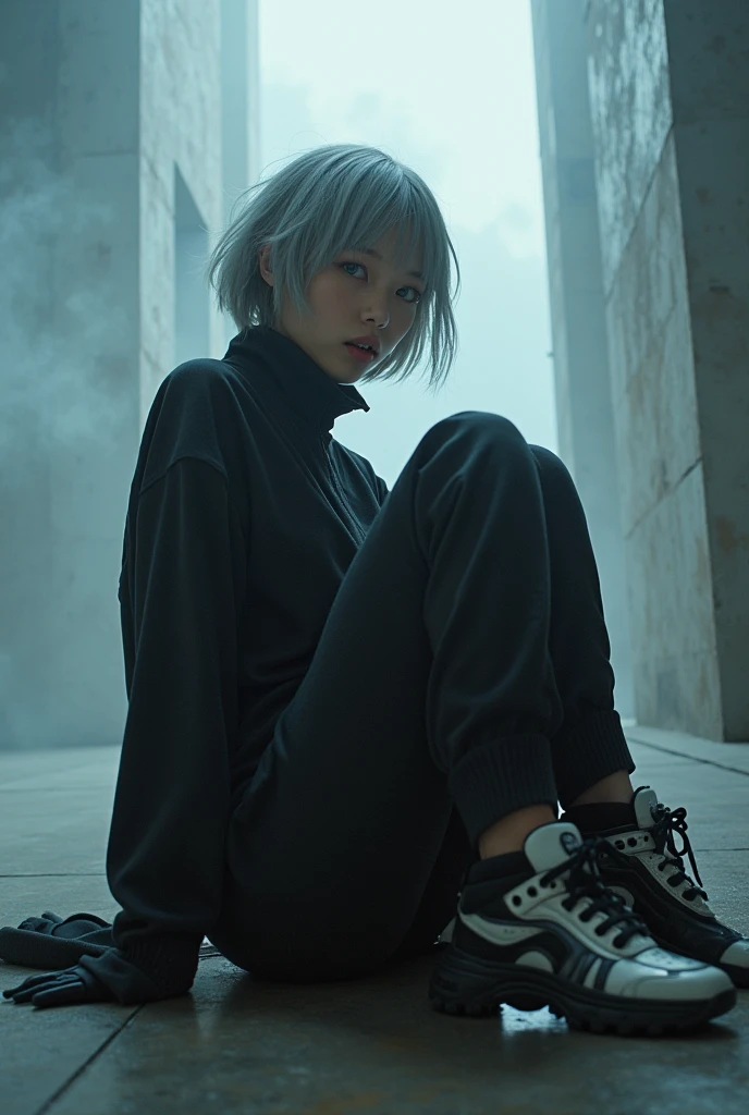 (nsfw:1.3), masterpiece, Best Quality, hyper Realistic, A mysterious and sophisticated beautiful young gravure Japanese woman with blue eyes wears futuristic and sexy fashion art. sitting back shot, focus ass, from below, Detailed clothing, woman is climbing at a wide angle, with her full body in frame. large Butt, sexy large breasts, slim waist, Her outfit includes see-through BLACK micro under wear with see-through BLACK over sized sweat, adding a minimalist beauty. She accessorizes with futuristic accessories and wears technical sneakers. Her demeanor exudes harmony and striking simplicity, The wear hugs her body tightly, accentuating her curves and digging sensuously into her skin, hyper small head and face, wide and big Duck mouth, half open mouth, perfectly aligned teeth, perfect beautiful wide teeth, Detailed eyes, light blue eyes, half open eyes, shiny Droopy eyes, gray hair, looking other, She is situated within the interior of a futuristic colony, with mist drifting and steam rising from concrete