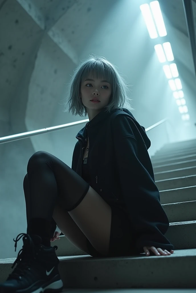 (nsfw:1.3), masterpiece, Best Quality, hyper Realistic, A mysterious and sophisticated beautiful young gravure Japanese woman with blue eyes wears futuristic and sexy fashion art. sitting back shot, focus ass, from below, Detailed clothing, woman is climbing at a wide angle, with her full body in frame. large Butt, sexy large breasts, slim waist, Her outfit includes see-through BLACK micro under wear with see-through BLACK over sized sweat, adding a minimalist beauty. She accessorizes with futuristic accessories and wears technical sneakers. Her demeanor exudes harmony and striking simplicity, The wear hugs her body tightly, accentuating her curves and digging sensuously into her skin, hyper small head and face, wide and big Duck mouth, half open mouth, perfectly aligned teeth, perfect beautiful wide teeth, Detailed eyes, light blue eyes, half open eyes, shiny Droopy eyes, gray hair, looking other, She is situated within the interior of a futuristic colony, with mist drifting and steam rising from concrete