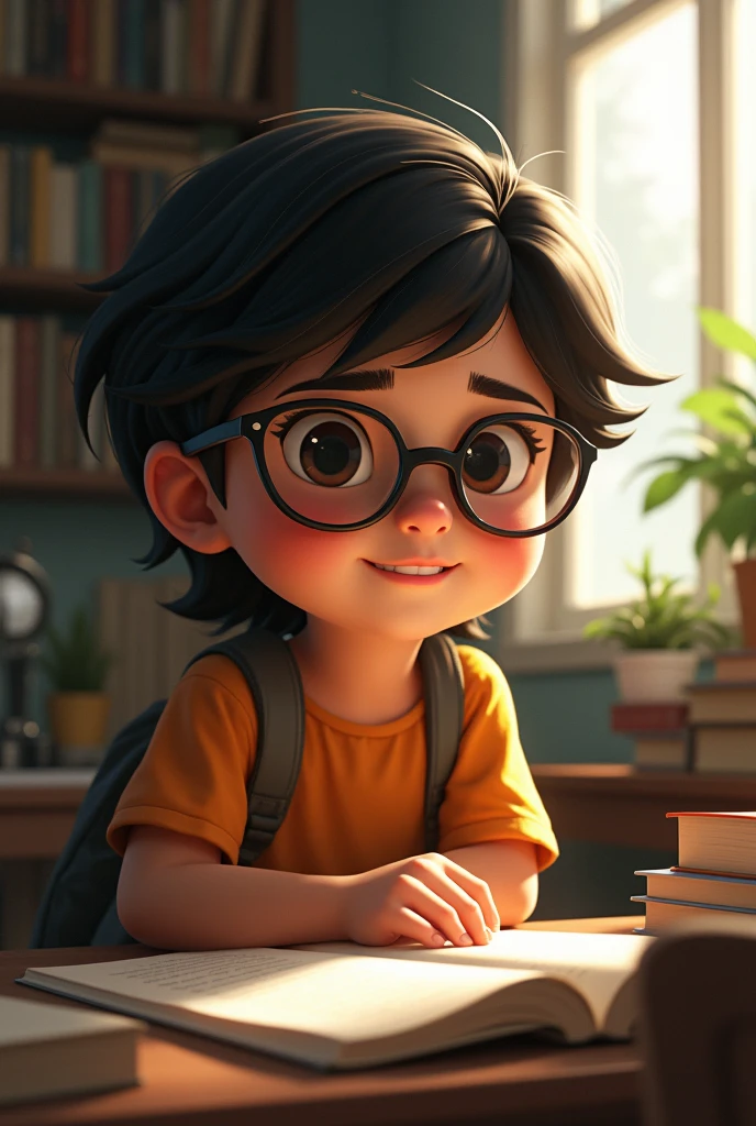 A child who fled through war with glasses and black hair and with a smile the child has grown up and is now studying