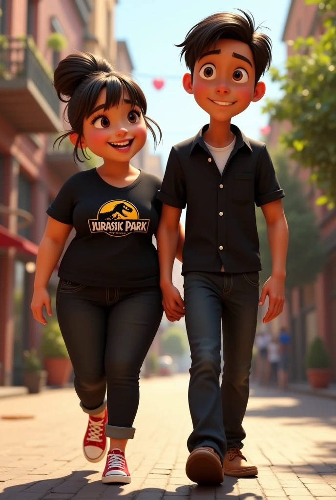 A couple arm in arm.
She is smiling, has a robust build, wide legs, small ears, and a light complexion., wide nose big brown eyes hair in a bun and straight curtain bangs, you wore a black Jurassic Park blouse, black jeans and red converse. He is of slim build, tez morena, wide nose small eyes short dark straight hair small ears wears a formal black button down shirt and black dress pants with brown shoes, protagonists of a Disney Pixar movie digital art. Walking down a street