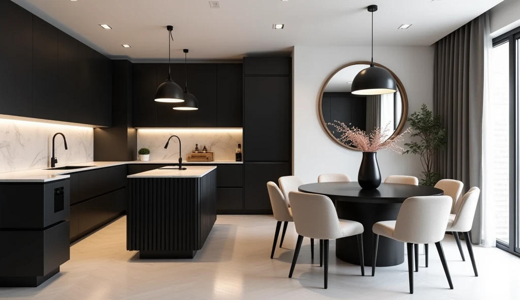 Create a sleek and modern kitchen and dining area with a minimalist design. The space features a large, black kitchen island with a fluted front, paired with matching black cabinets that contrast beautifully with the light walls and floors. The countertops are a light marble with subtle veining, adding a touch of elegance. Above the island, contemporary black pendant lights provide focused illumination, while recessed lighting throughout the room ensures a bright and welcoming atmosphere.
The dining area, adjacent to the kitchen, includes a round black dining table surrounded by plush, beige upholstered chairs, offering comfort and style. A large, round mirror with a wooden frame is mounted on the wall, reflecting the light and making the space feel more open. The decor is kept simple, with a modern black vase holding a bouquet of flowers as the centerpiece on the dining table. The overall design is a harmonious blend of dark and light elements, creating a space that is both stylish and inviting.