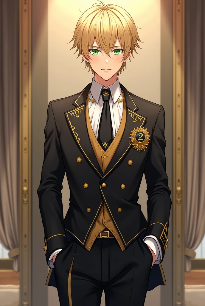 17 ANIME BOY NOBLE BOY WITH GREEN EYES, SHORT BLONDE HAIR, DREESING .Shirt:
Style: Long-sleeved shirt with traditional or mandarin collar.
Fabric: High-quality satin or silk.
Main color: Black.
Details: Gold embroidery on collar and cuffs. Front placket may have discreet gold buttons. Shirt may have a small gold embroidered Solaria emblem on chest.
Accessories and accessories:
Blazer or Jacket:
Style: Fitted blazer with a classic cut.
Main color: Black.
Details: Gold embroidery on lapels, seams and buttons. Gold Solaria emblem on breast pocket.
Lining: Gold for a stylish contrast.
Pants:
Style: Slim-fit dress pants.
Main color: Black.
Details: Gold side stripe or stripe, which may be a subtle line along the side of the legs.
Tights or Socks:
Style: Ankle socks.
Color: Black, no additional details.
Shoes:
Style: Leather Oxford or Derby style shoes.
Main Color: Black.
Accents: Gold accents, such as a discreet buckle or small emblem.
Tie or Ribbon:
Style: Black tie with small gold accents or stripes, or a similar style ribbon.
Main Color: Black.
Accents: Gold.
Main Color: Black.
Accents: Gold embroidery on the edges and the Solaria emblem in gold.
Jewelry and Accessories:
Style: Cufflinks and tie clips in gold or with black and gold accents.
Additional:
Sash or Belt:
Main Color: Gold.
Accents: Belt with gold buckle and black accents.
Stitching Details:
Style: Visible gold stitching in areas such as the shoulders of the blazer or the sides of the pants.. full body