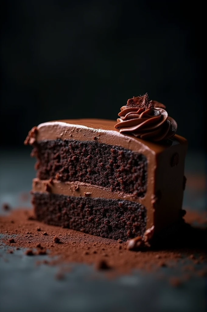 cinematic film still chocolate, chocolate cake, dark background, quality photo, moist texture, frosting, studio photo, slice . shallow depth of field, vignette, highly detailed, high budget, bokeh, cinemascope, moody, epic, gorgeous, film grain, grainy
