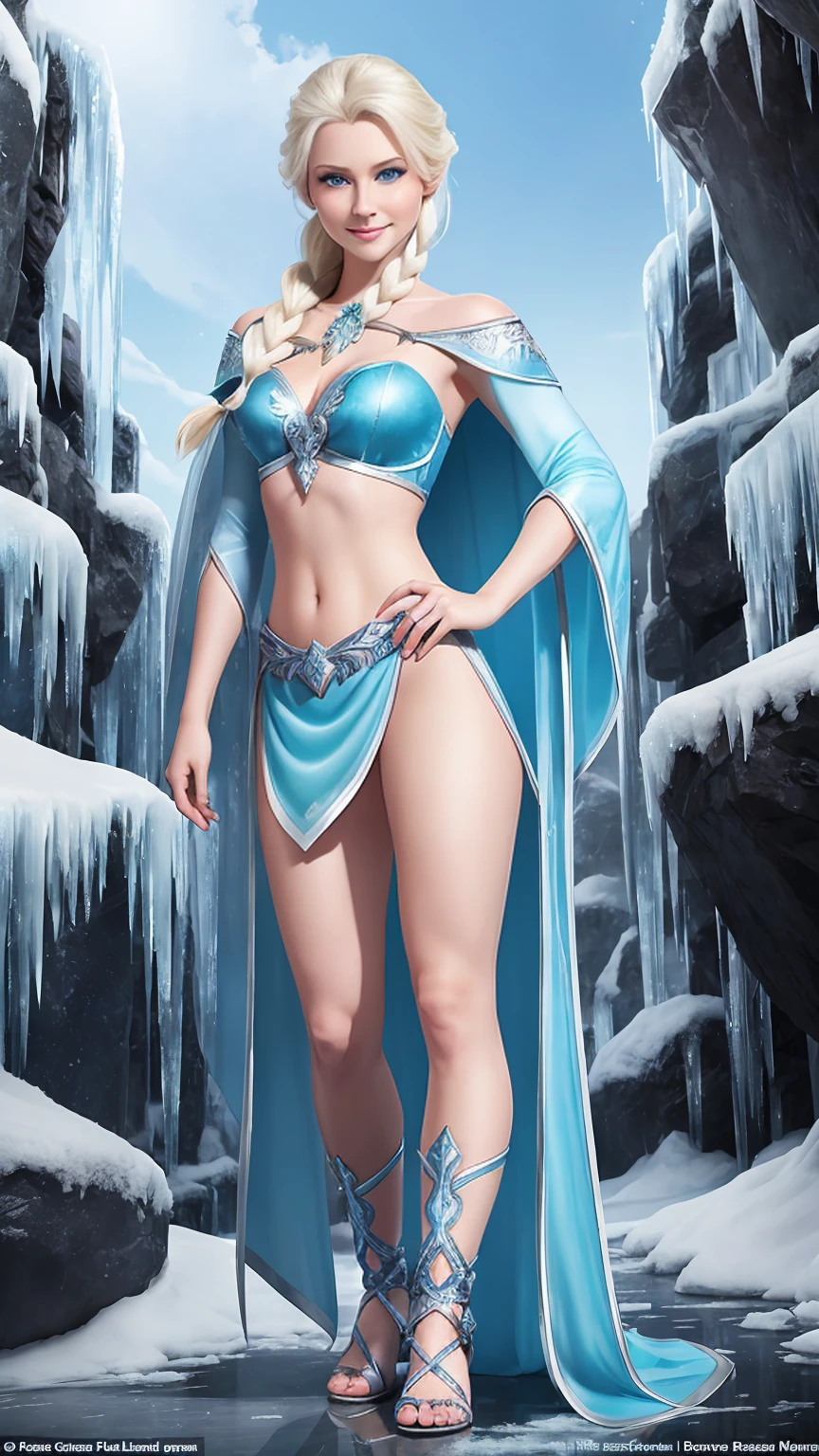 ((Full body photo, standing, feet on the ground))A seductive Elsa, with icy blue eyes and a mischievous smile, beckons you into his frozen kingdom, gladiator sandals above the knees.
