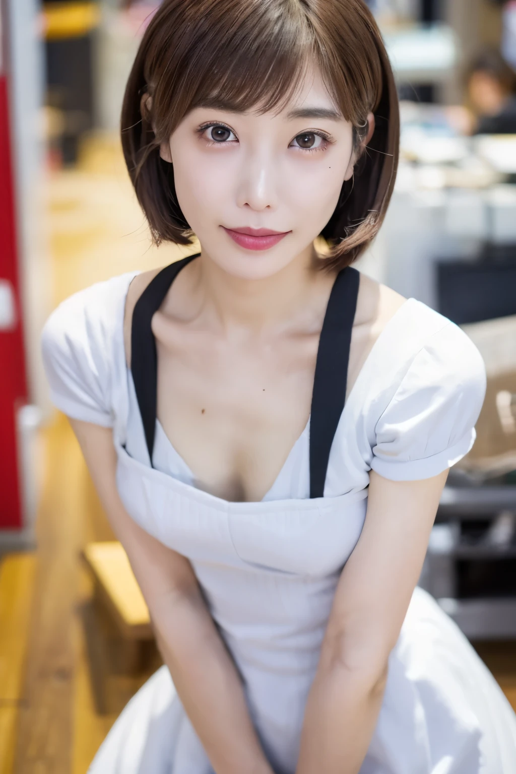 Masterpiece, photogravure, highest quality, clear contours, (One Girl, alone), Japanese woman, 30 years old, lipstick, cute face, detailed face, beautiful eyes, detailed eyes, focus on the eyes, bob hair, Anatomically correct body structure, wearing body-fitting costumes, getting on all fours, lifting butts, shot from the front