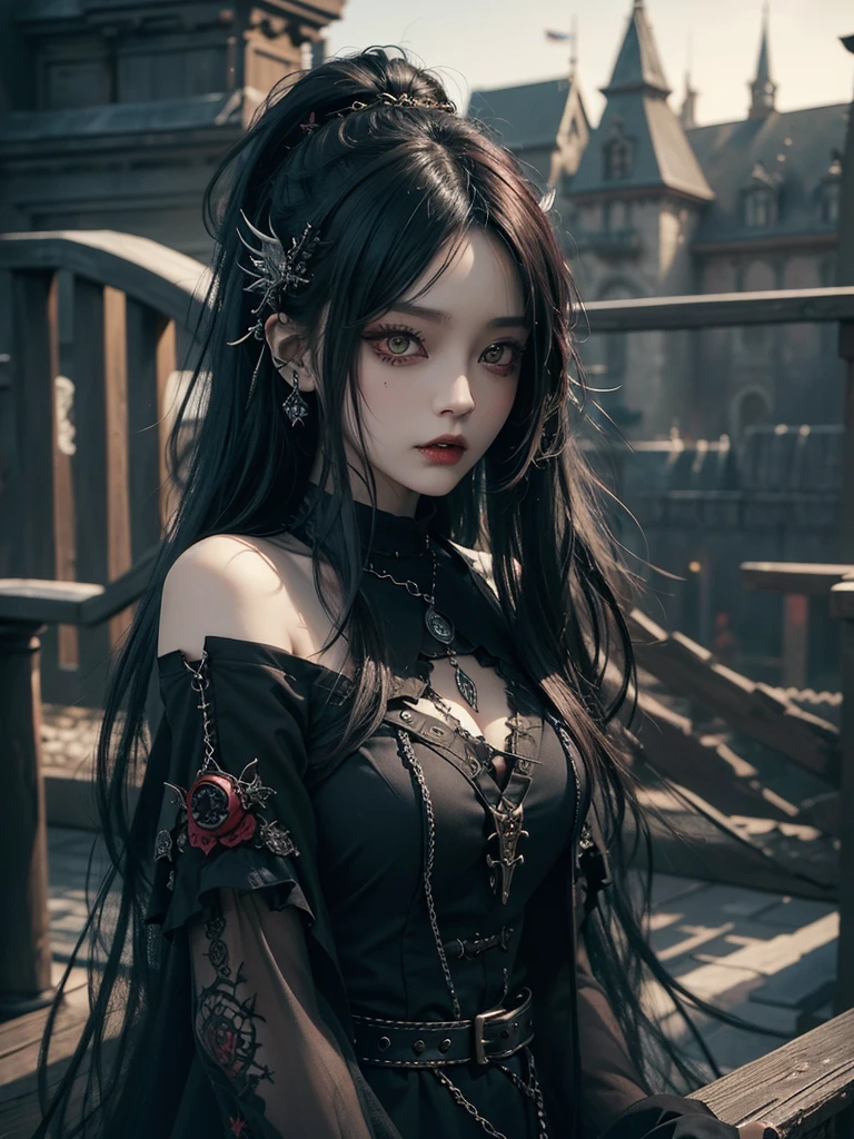 Highest quality、8K、masterpiece：1.3、Gothic Punk、The inside  is red、Black-haired、hair ornaments、Beautiful girl、creative、Dark Fantasy Style、Neogoth、Goth Fashion：1.2、Yellow Eyes、I can see the fangs、Castle at night