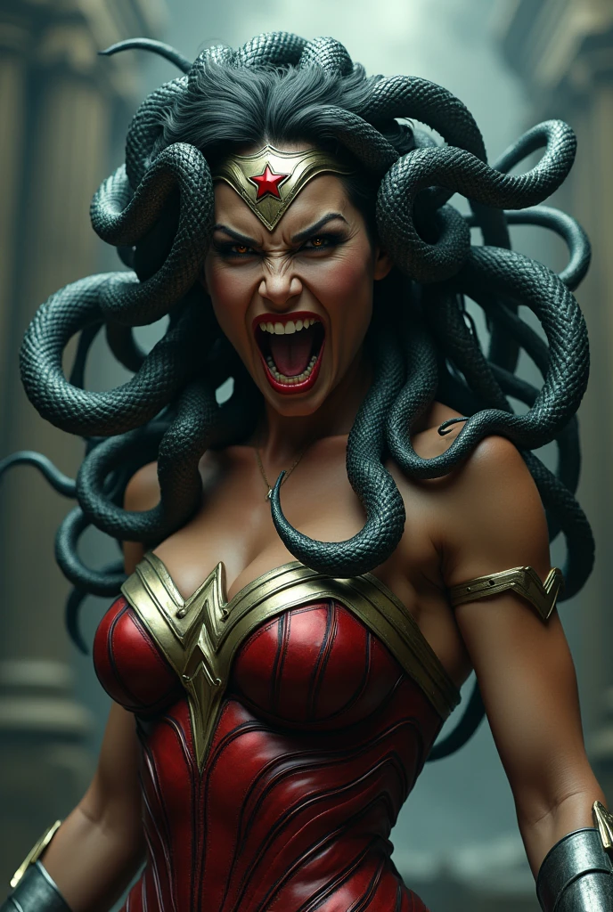 Greek mythology Medusa Wonder Woman snakes with tongue out on their head (((Silver metal diadem with a red star on its front))),(((Wonder Woman Red Leather Corset Costume))),(((Scary and terrifying images this woman is screaming silver metal bracelets))),(((snake Eyes ))),(((Fangs)))