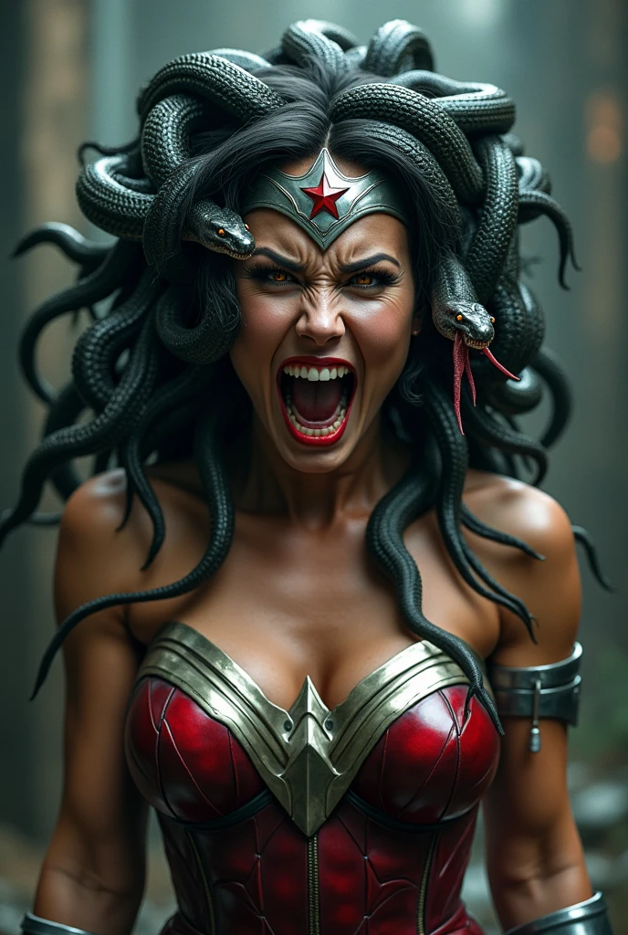 Greek mythology Medusa Wonder Woman snakes with tongue out on their head (((Silver metal diadem with a red star on its front))),(((Wonder Woman Red Leather Corset Costume))),(((Scary and terrifying images this woman is screaming silver metal bracelets))),(((snake Eyes ))),(((Fangs)))