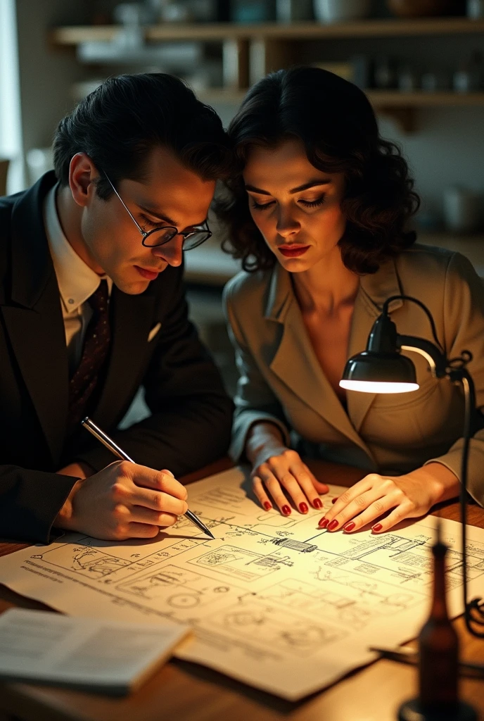 Hedy Lamarr and George Antheil working on a military invention, drafting a schematic for frequency-hopping technology, scientific and creative brainstorming, WWII era, historical laboratory setting.