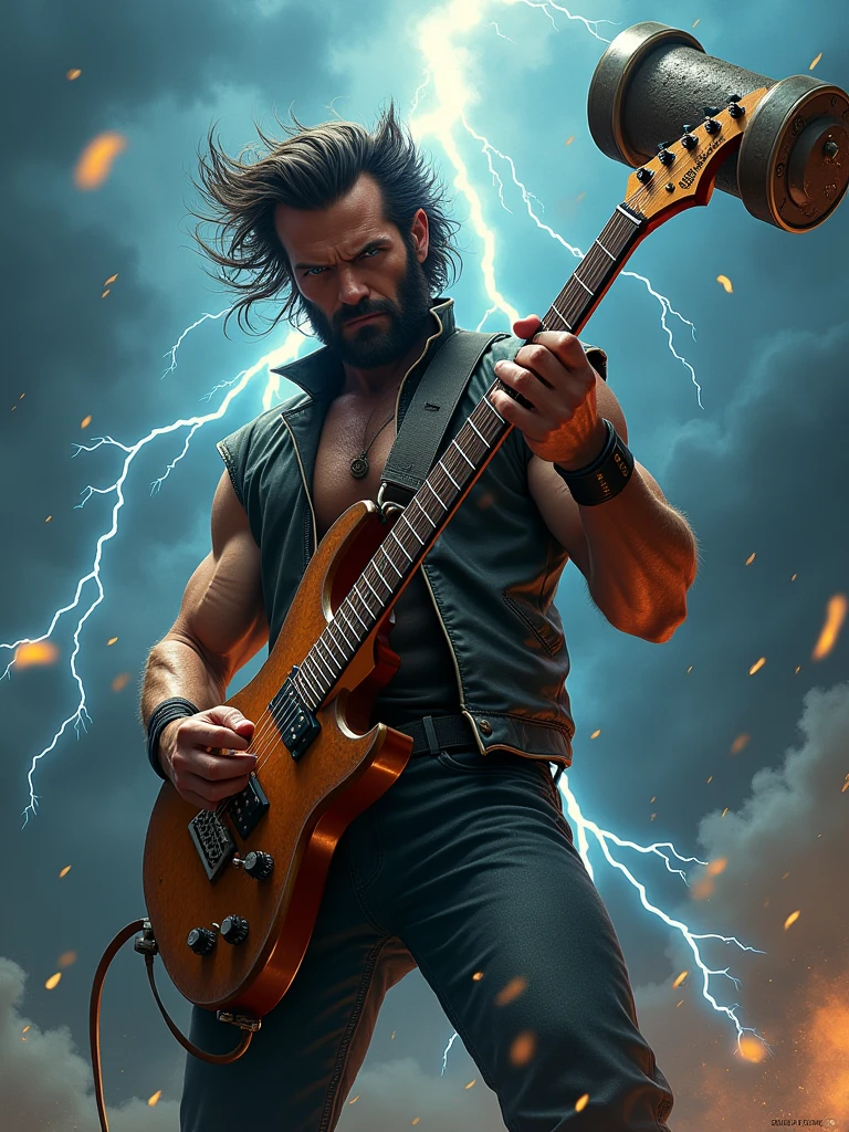Rock Wolverine marvel with hammer shaped guitar with thunder in the background and a very rock vibes.
