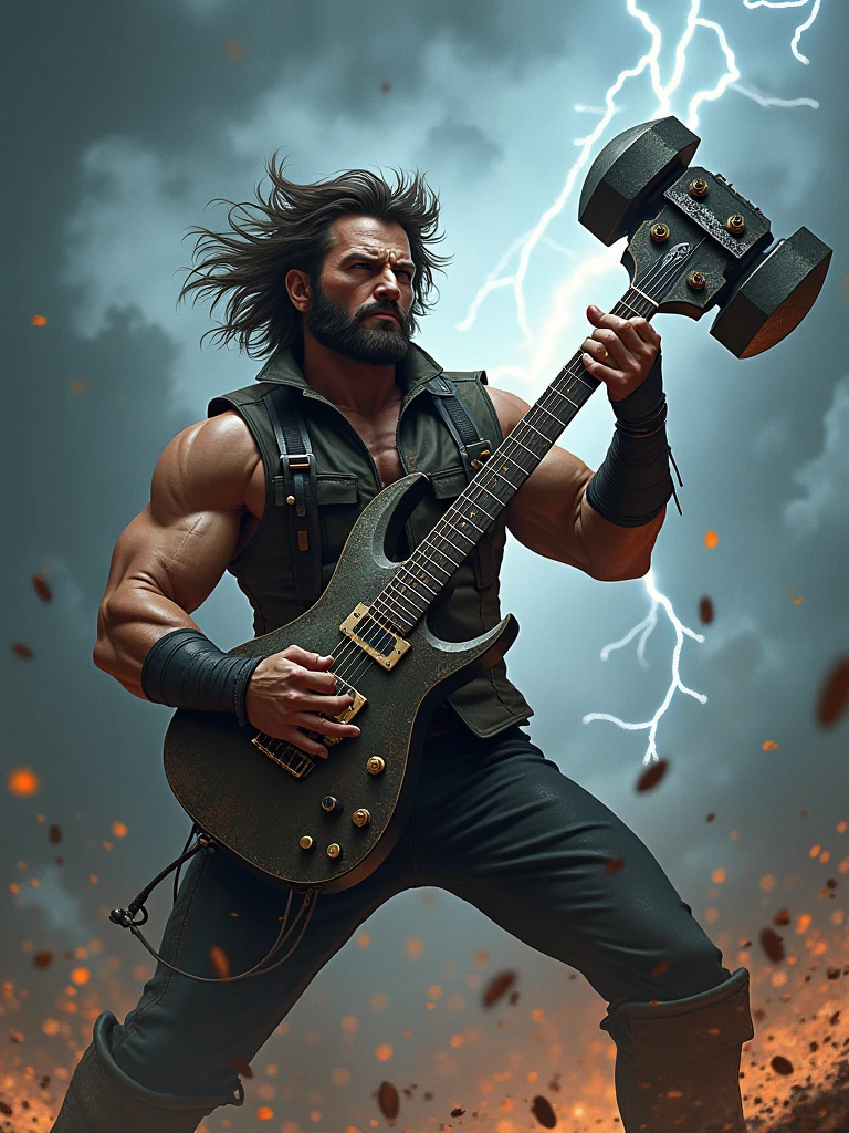 Rock Wolverine marvel with hammer shaped guitar with thunder in the background and a very rock vibes.