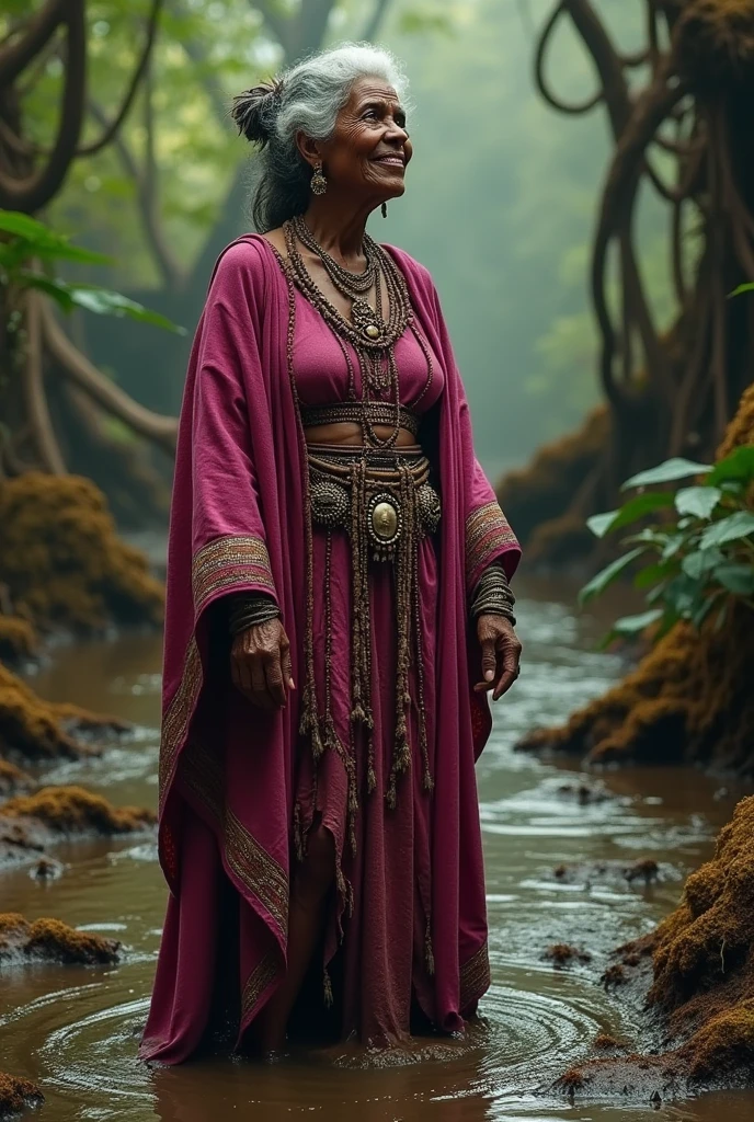 Orixa woman with black skin, old woman of Afro religion, Nana in dark pink clothing in the mud swamp 