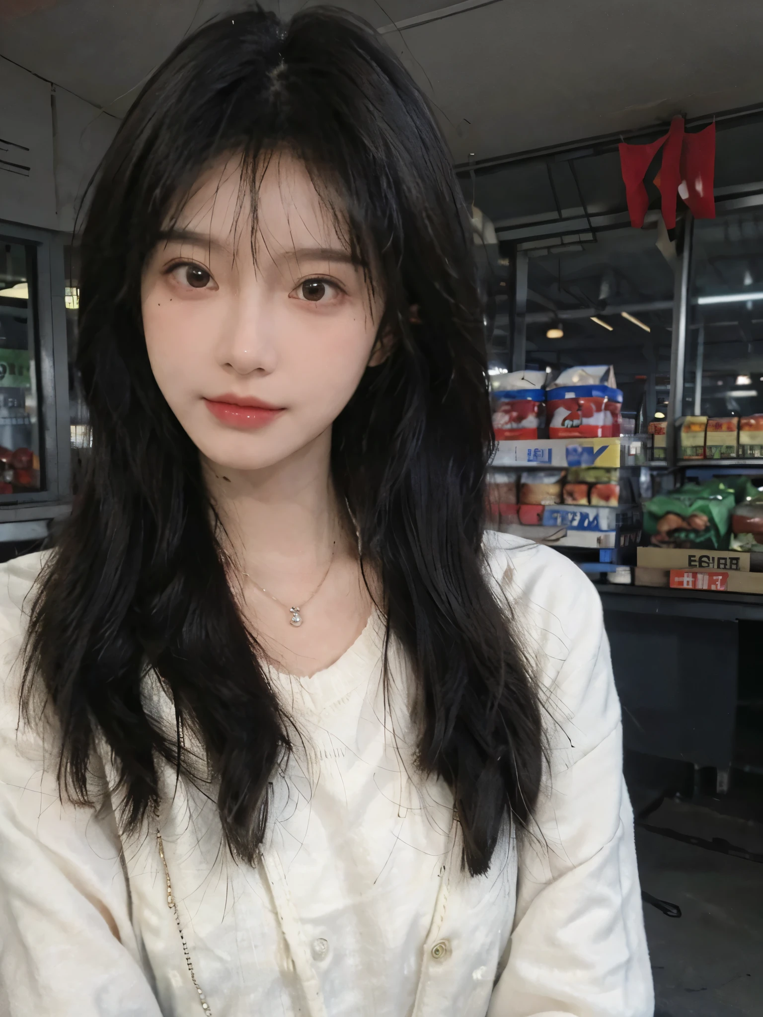 wear mask，Best quality，wear mask，Ultra-high resolution,(Realism:1.4)，wear mask，Cute hairpins，girll,Cropped black sweater，wear mask，Look directly at the audience，Full of atmosphere，Beautiful woman with a slim figure:1.4，supermarket，whole body，Super delicate face，Exquisite eyes，Double eyelids，necklace
