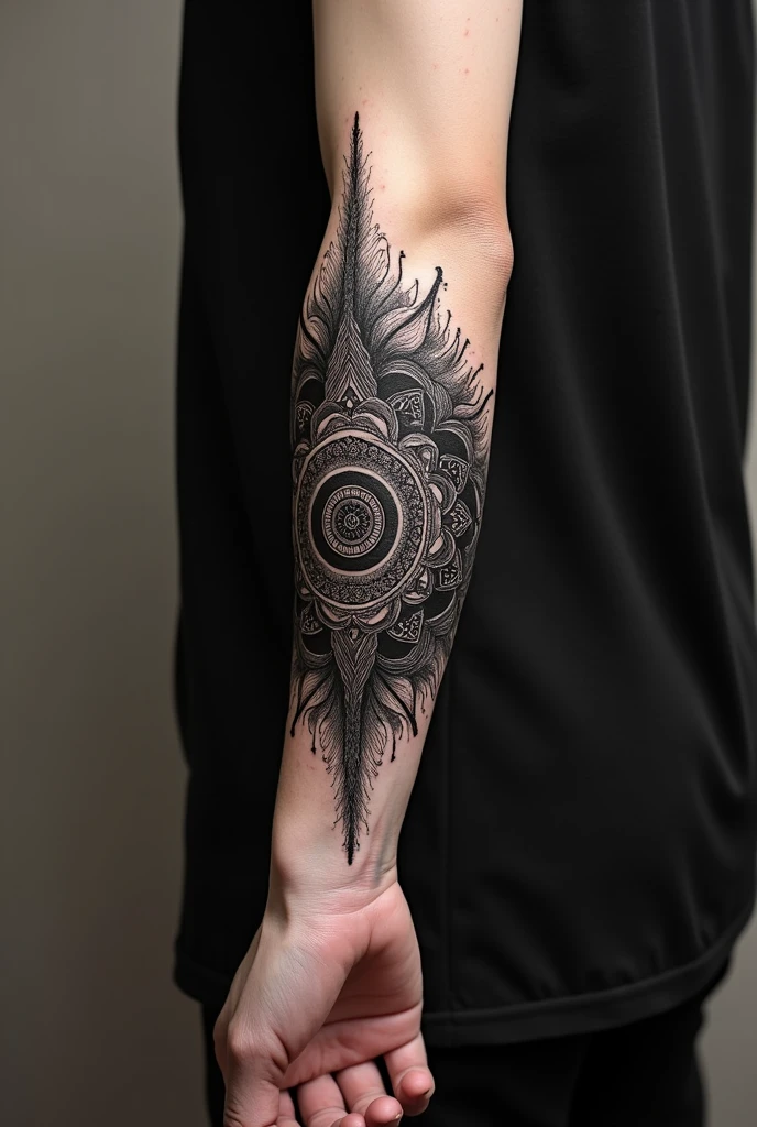 Tattoo on the entire forearm in blackwork style with a dark mandala along with some lines that let the skin show through