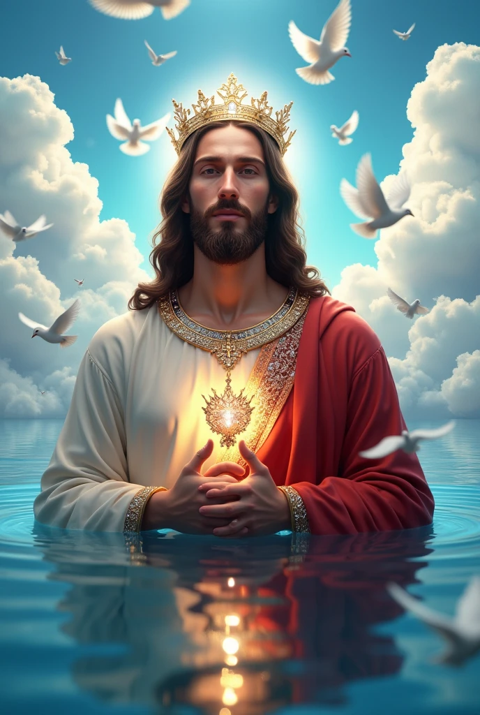 (photorealism:1.2), handsome Jesus Christ, his feet will see in the blue water of the sea that floating with many dove and so many clouds all over, wearing the red color of King elegant clothes with many diamonds and crown sparkling with light, the head and heart lighting all over, focus on face looking at the camera, nice hair, outdoors, bright lighting, so many clouds and blue sea water in the background,  so many clouds and dove all over, cozy  blue sea, relaxed pose, realistic, intricate details, bright colors,