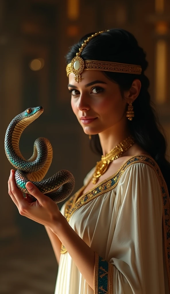 Close-up shot, Low angle shot, (Cleopatra, her face calm and resolute, holds a coiled serpent gently in her hand. The serpent, an asp with smooth, iridescent scales, is poised to strike. Cleopatra’s expression is serene, almost accepting. She is dressed in a regal white and gold gown, with her dark hair adorned with a golden headdress. The background is a dimly lit room filled with ancient Egyptian artifacts and soft, ambient light.) unreal engine, cinematic, hyper-real, highly detailed, Ultra realistic HD --q 2 --v 6.1 --ar 9:16  