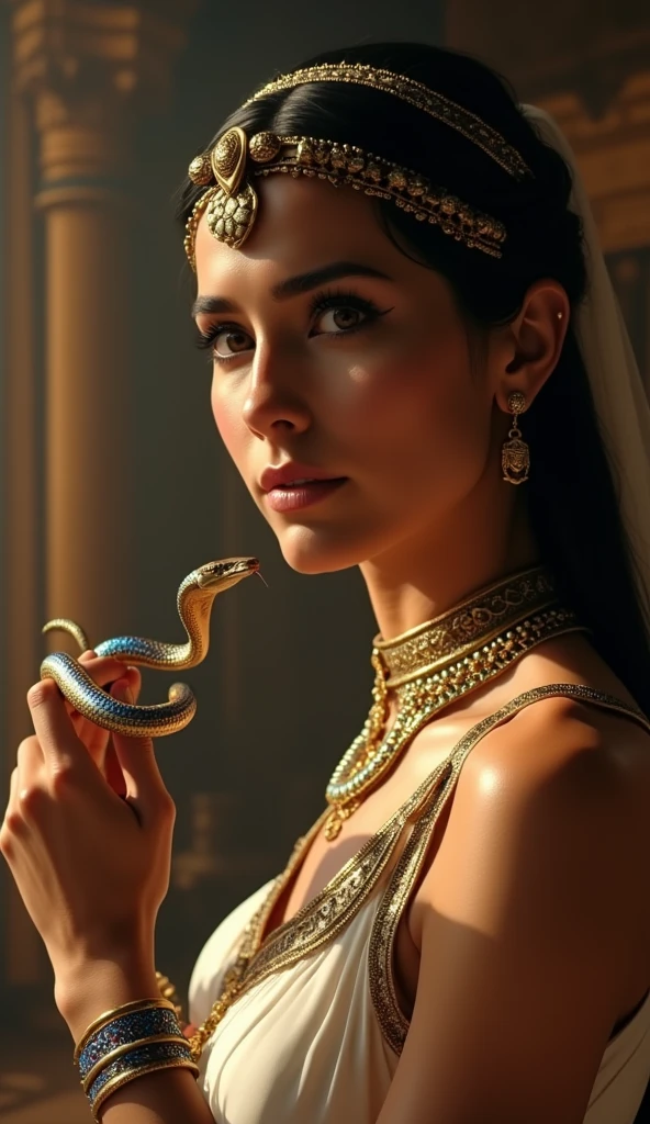 Close-up shot, Low angle shot, (Cleopatra, her face calm and resolute, holds a coiled serpent gently in her hand. The serpent, an asp with smooth, iridescent scales, is poised to strike. Cleopatra’s expression is serene, almost accepting. She is dressed in a regal white and gold gown, with her dark hair adorned with a golden headdress. The background is a dimly lit room filled with ancient Egyptian artifacts and soft, ambient light.) unreal engine, cinematic, hyper-real, highly detailed, Ultra realistic HD --q 2 --v 6.1 --ar 9:16