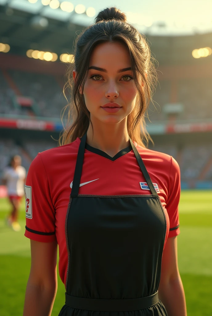 Create an image of a beautiful female referee in an apron.