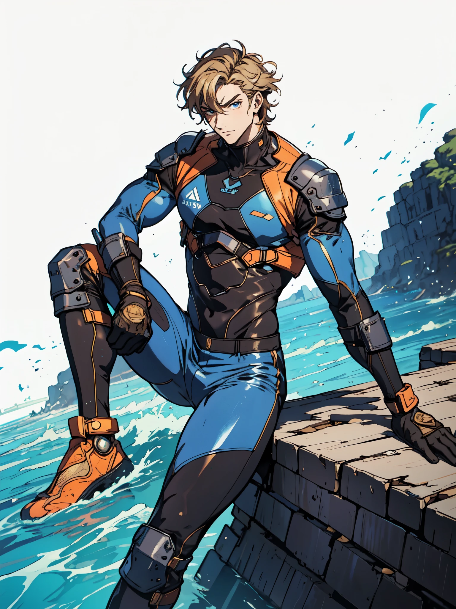 (masterpiece:1.2, best quality:1.2, extremely delicate:1.2), ((male:1.5)), a mature man with short slightly curly brown hair, a well-defined face, intense eyes, a thoughtful expression, brown skin, tall and athletic build, a futuristic fantasy-style blue and black short-sleeved tight-fitting wetsuit, matching trousers, wrist guards, he sits leisurely on a seaside rock, this character embodies a finely crafted futuristic fantasy-style swimmer in anime style, exquisite and mature manga art style, dramatic, high definition, highres, ultra-detailed, ultra-fine painting, professional, perfect body proportions, golden ratio, anatomically correct, symmetrical face, extremely detailed eyes and face, high quality eyes, creativity, RAW photo, UHD, 32k, Natural light, cinematic lighting, (masterpiece-anatomy-perfect:1.2)