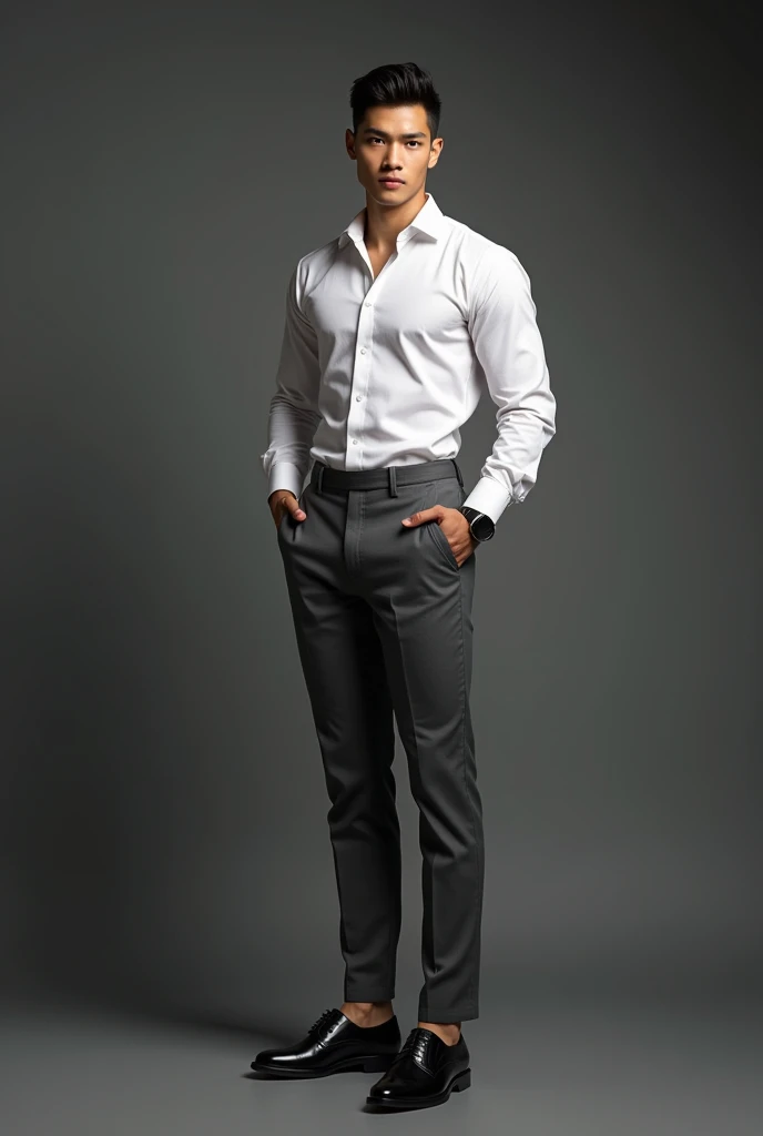 a tall lean muscular asian male model, detailed face, beautiful detailed eyes, beautiful detailed lips, extremely detailed eyes and face, long eyelashes, white dress shirt, charcoal grey dress trousers, black oxford dress shoes, black socks, high fashion, dynamic pose, studio lighting, 8k, best quality, photorealistic