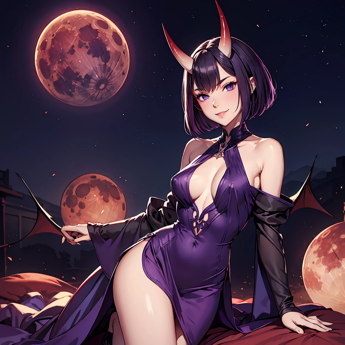 high resolution,work of art,best qualityer,8k,extra limbs,lost limb,extra digit,missing digit,fused fingers,mutant hands and fingers,1 girl,looking ahead at viewer,red moon night,realisitic,pale skin ,dark purple short hair,dark purple eyes,seducing smile,breasts small,small nipples,demon horn ears,,reclining dress,mar