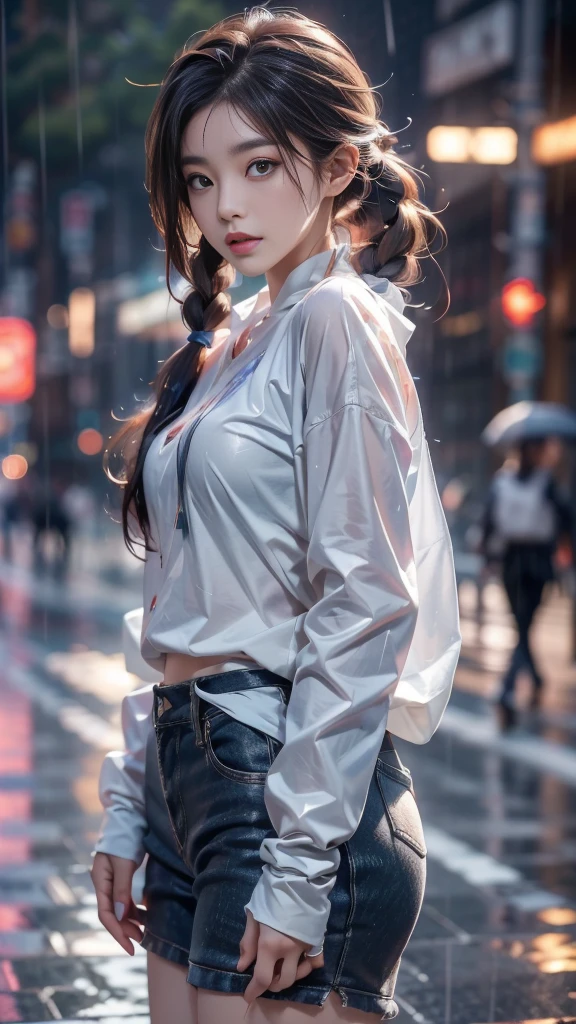 ulzzang-6500-v1.1, (RAW photo: 1.2), (Real photo), (Real photo: 1.4), 1 girl、Perfect anatomy、1、Looking at the camera、Medium length hair, pigtails on both sides, Wet hair in the rain, soaked clothes, no umbrella, walking on the street, ((on the street without a single person, in the rain under the cold night sky: 1.1)), (Wet clothes: 1.2), (Business service)、Asian eyes Ella,