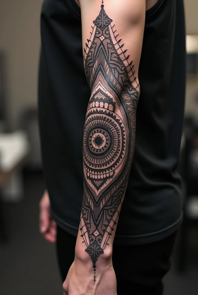 Tattoo on the entire forearm in blackwork style with a dark mandala along with some lines that let the skin show through