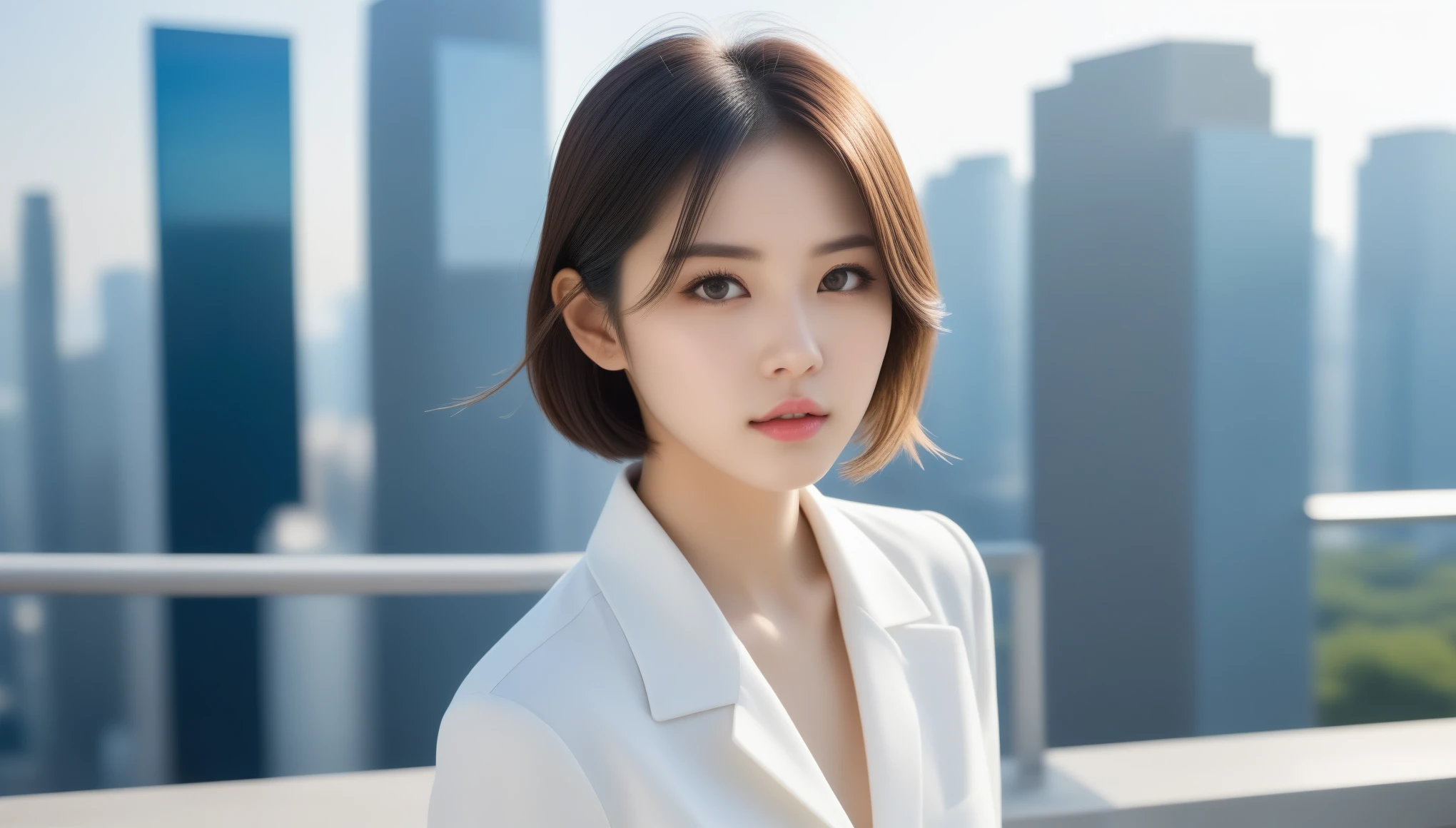 8k, Ultra-high resolution, Highest quality, masterpiece, 三分割法によるphotograph,Surreal, photograph, 1 , (:1.3), cute, cute顔, 細部までBeautiful Eyes, 細かくdetailedに,masterpiece,One Girl:1.2,Japanese women,Female announcer,cowboy shot,glaring,Black short hair,messy hair,from side,(White shirt:1.3),Blazer,Pencil Skirt,Rooftop,white collar,blue sky,Background of skyscrapers,(Beautiful attention to detail),Subtle details, detailedな顔,anger,Attractive eyes,(ポートレートphotograph:1.4),(Photorealistic images:1.4),Fantasy art,(Beautiful Face:1.4),美しくAttractive eyes、Beautiful Eyes,Silver residue,(Tight waist:1.4)、(Beautiful with perfect body proportions:1.4),Pink Lips,profile,(((Ideal body type))),A-cup small breasts :2,、Portraiture:2、Perfect Anatomy、鮮明なdetailed、detailed,Fashion magazine cover,Thin lips,完璧でBeautiful Face ,完璧でcute顔, Skin with attention to detail, Perfect limbs、Narrow waist,Surreal,Light and shadow,sunlight
