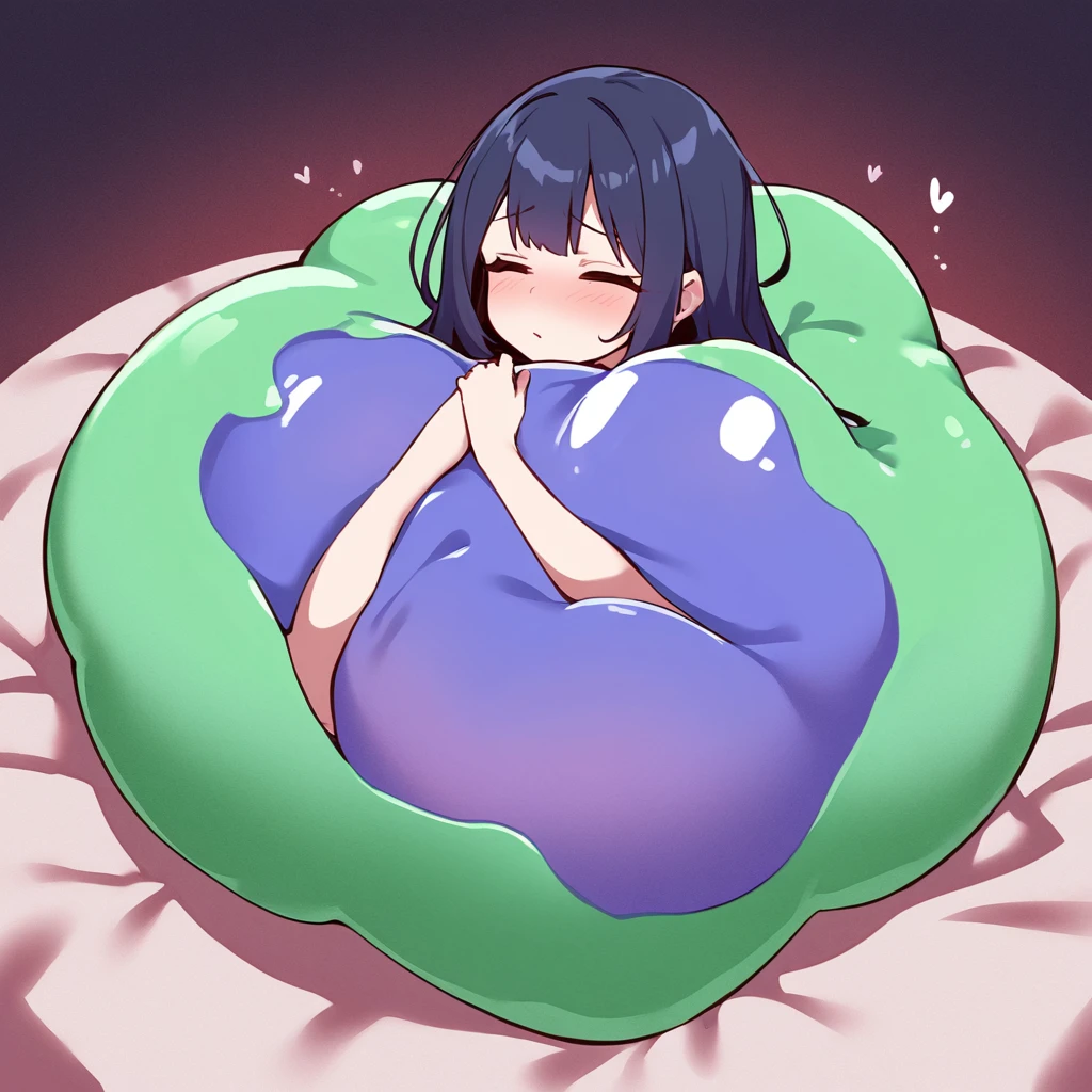 One giant blob of gelatinous slime making a girl's whole body sinked inside of it, squeezing and kneading her whole body tightly, the girl feels comfy and exhausted by it