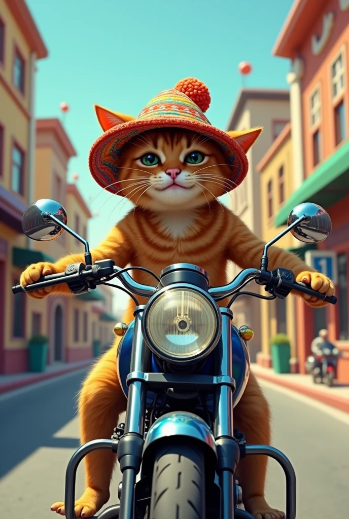 A cat with a Bolivian swimmer&#39;s hat on a motorcycle
